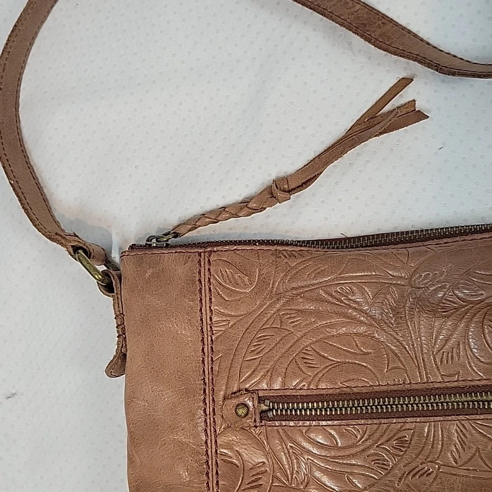The Sak Brown Leather ASHLAND Embossed Crossbody Purse with Brass Hardware